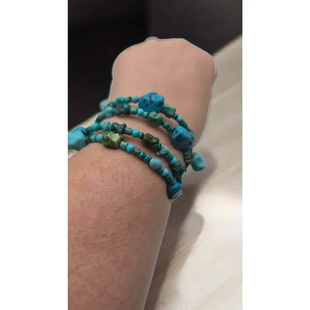 Turquoise Beaded Wrap Bracelet Boho Memory Wire Layered Southwestern